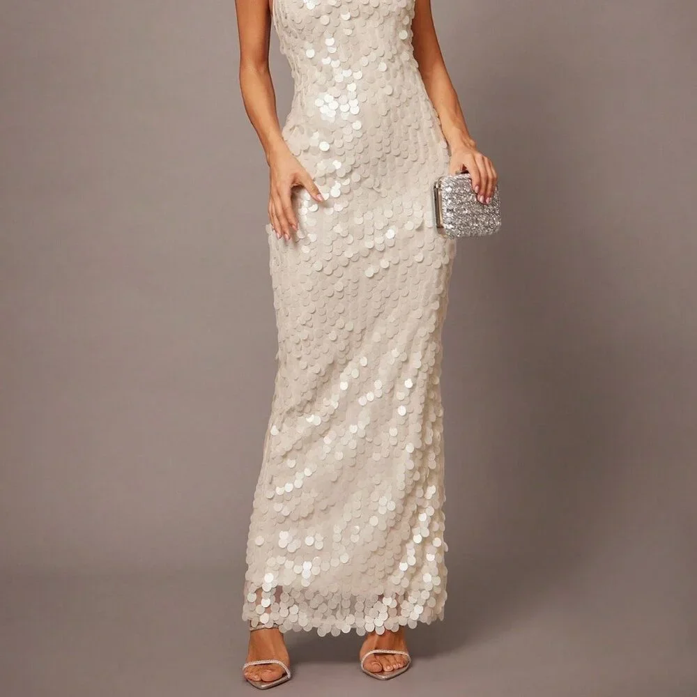 White Sequin Spaghetti Strap Women's Cocktail Dress - Picture 3 of 7